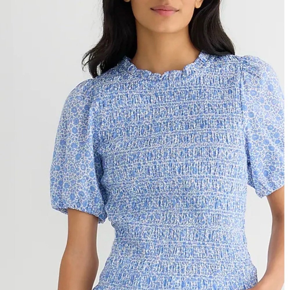 J. Crew Blue Floral Smocked Puff Sleeve Blouse